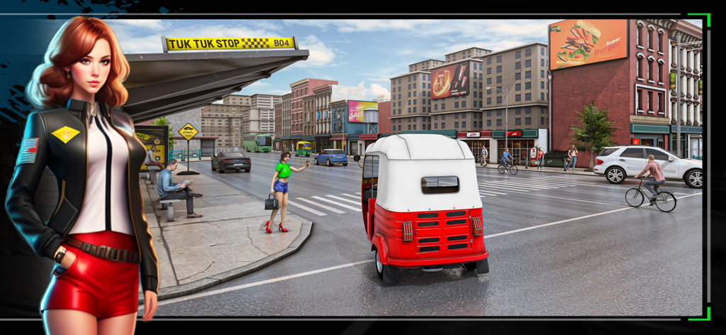 A red and white auto rickshaw driving through a detailed city street with a character in the foreground