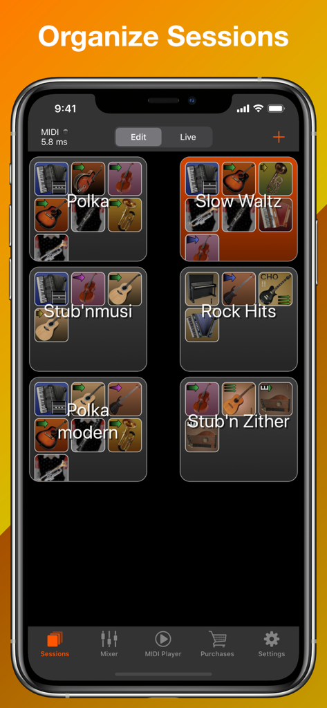 Interfaz de la aplicación Turbosounds para Acordeón que muestra varias sesiones de instrumentos musicales como Polca y Vals lento.