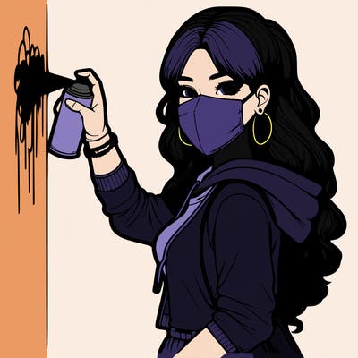 realistic girl with mask spray painting a wall