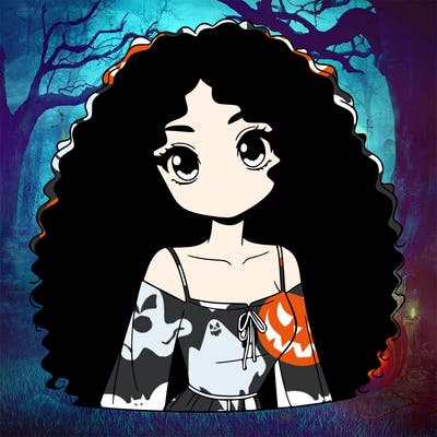 a black anime girl with long afro hair