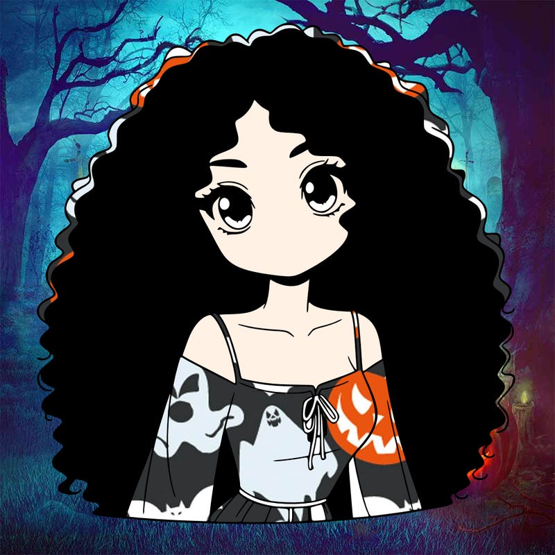 a black anime girl with long afro hair