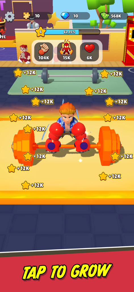 Personaje levantando una pesada barra de pesas naranja en el juego Gym Super Click Hero con el texto 'Toca para crecer'.