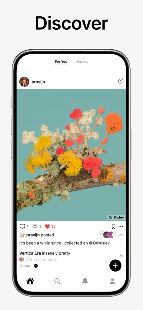 Deca Art app interface showing a digital art post in the Discover feed