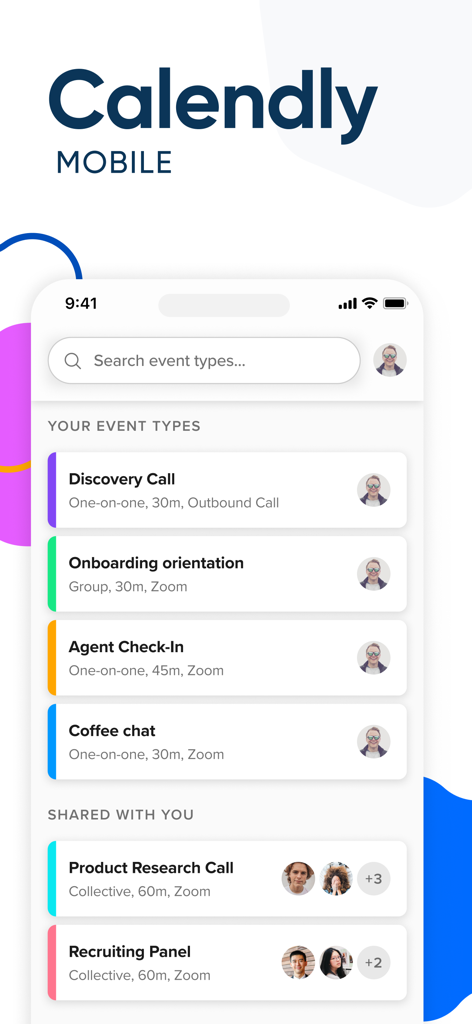 Oberfläche der Calendly Mobile App, die eine Liste von Terminplanungstypen wie Kennenlerngespräch und Onboarding-Orientierung anzeigt.