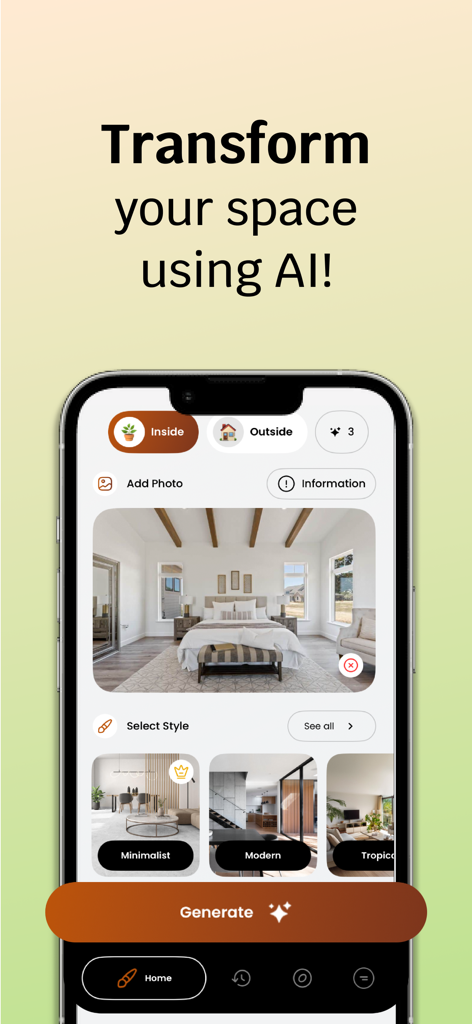 Schermata dello smartphone che mostra l'interfaccia dell'app AI Home Designer con opzioni per ridisegnare una camera da letto in diversi stili come Minimalista e Moderno