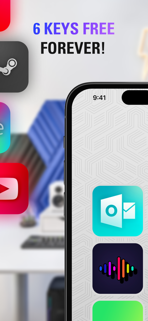 Elgato Stream Deck Mobile App-Oberfläche auf einem iPhone-Bildschirm mit sechs kostenlosen Tasten und Produktivitätssymbolen
