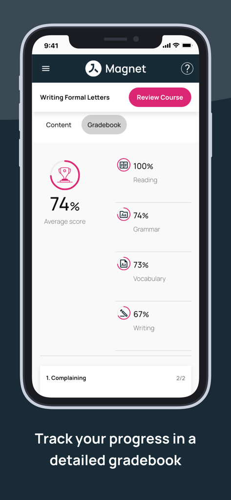 Pantalla del libro de calificaciones de la aplicación Magnet Learn que muestra el progreso del curso con puntuaciones de lectura, gramática, vocabulario y escritura.