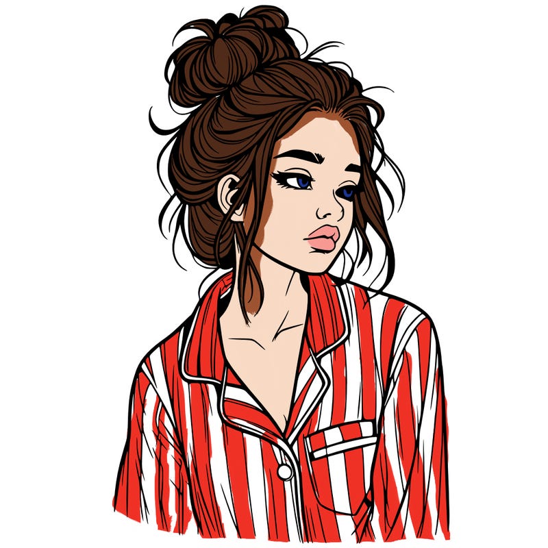 realistic woman with pajamas on and a messy bun