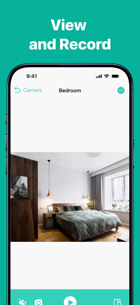 Security Home - Camera Connect - Smartphone screen displaying a live security camera feed of a modern bedroom inside the Security Home app.