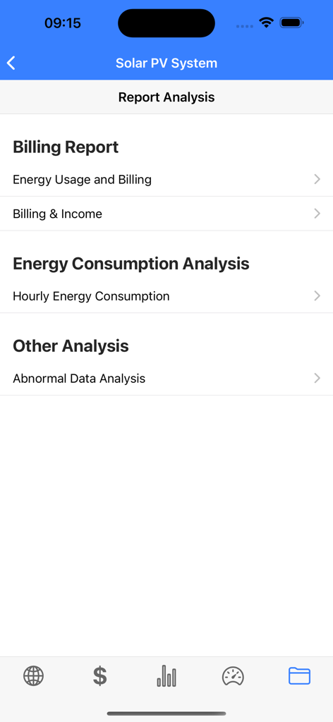 IAMMETER 앱 인터페이스에서 청구 및 에너지 소비를 위한 태양광 PV 시스템 보고서 분석 메뉴를 보여줍니다.