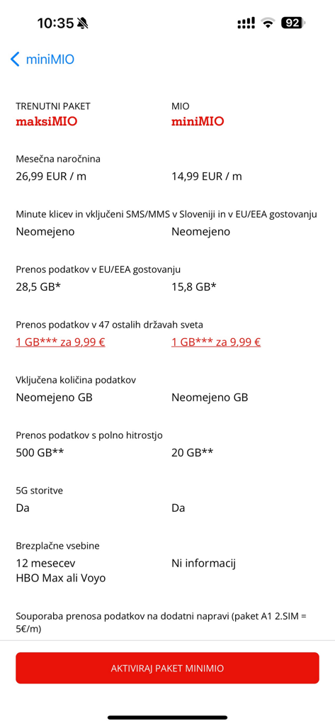 Moj A1 - Side by side comparison of mobile phone plans in the Moj A1 app