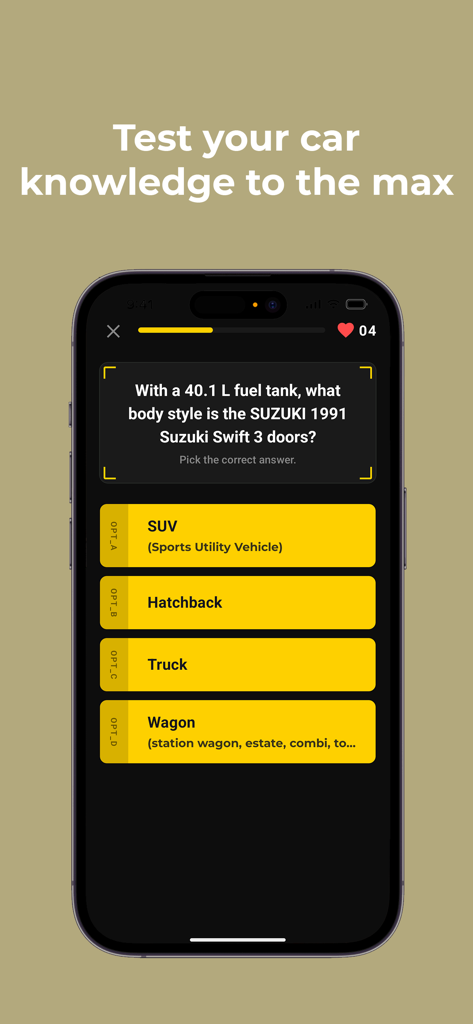 Car Geek - A mobile screen from the Car Geek app featuring a trivia question about a 1991 Suzuki Swift