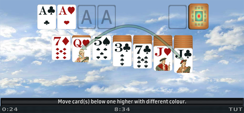 Solitaire 3D. - Solitaire 3D mobile game interface with cards displayed over a cloudy blue sky background