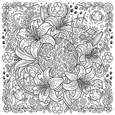 Dive into an intricate coloring adventure celebrating Earth Day with this stunning page featuring majestic tiger lilies. Explore detailed eco-friendly motifs like recycling symbols and renewable energy, perfect for mindful coloring.