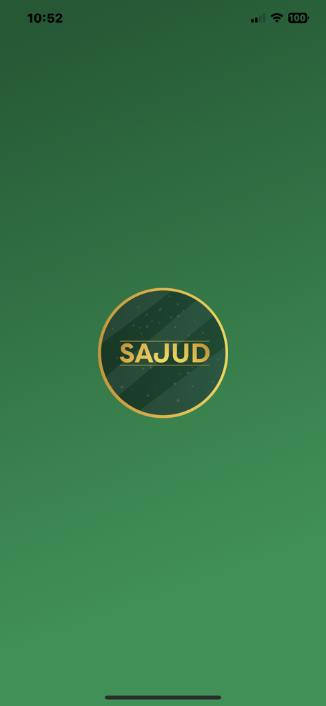 Sajud - Sajud app splash screen with a gold logo on a green background