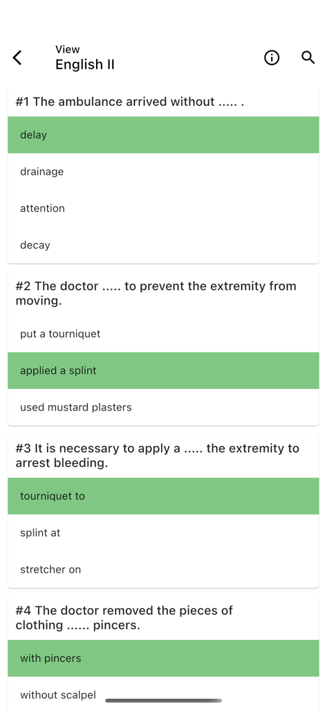 Assyst – testing and exams - Mobile screen of Assyst app displaying multiple choice questions for an English test with correct answers highlighted in green