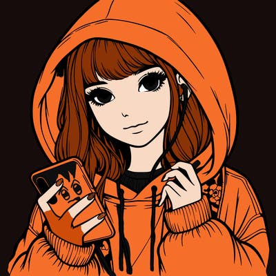 realistic girl with oversized hood and holding a phone
