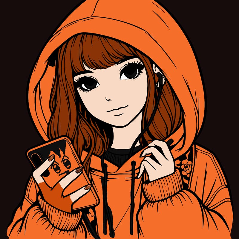realistic girl with oversized hood and holding a phone