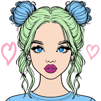 realistic girl with two buns in hair and lips