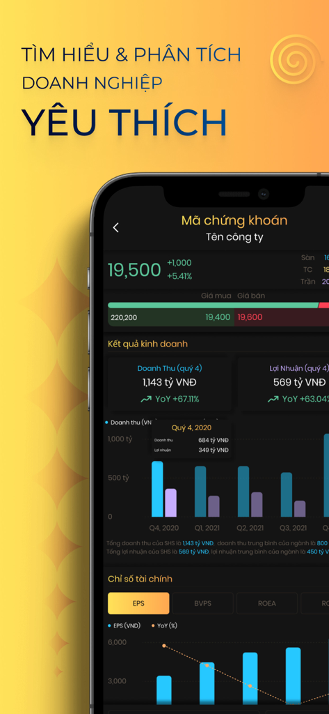 SHTrading: Đầu Tư Chứng Khoán - SHTrading app interface showing stock price, revenue data, and quarterly business profit charts for company analysis.