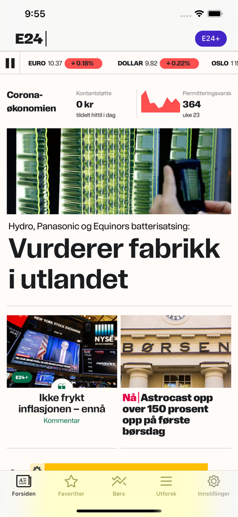E24 - nyheter om økonomi - Interface de l'application d'actualités financières E24 affichant des gros titres sur les marchés mondiaux et l'économie
