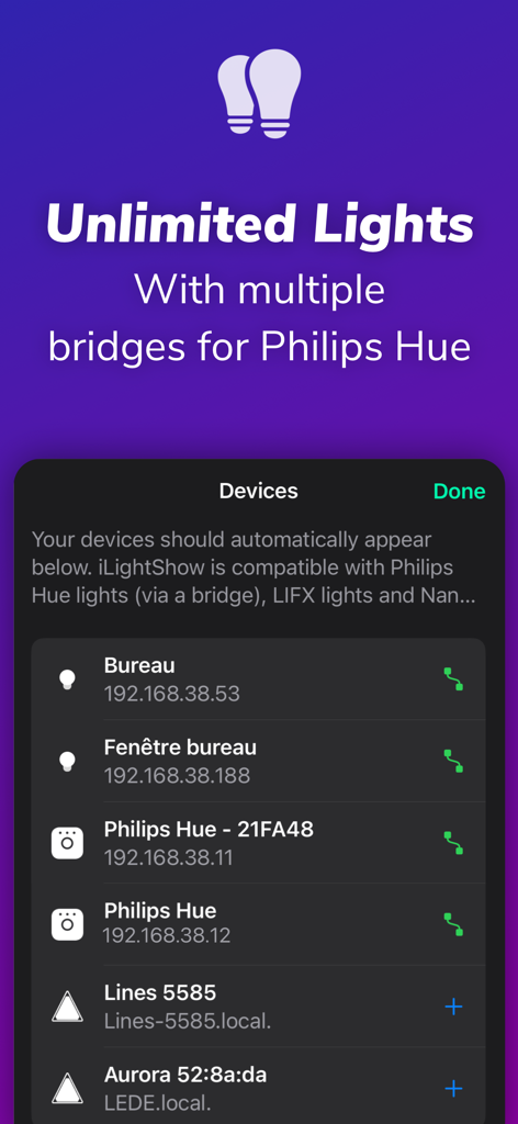 iLightShow for Philips Hue - Setup screen of iLightShow app displaying multiple Philips Hue bridges and Nanoleaf light panels