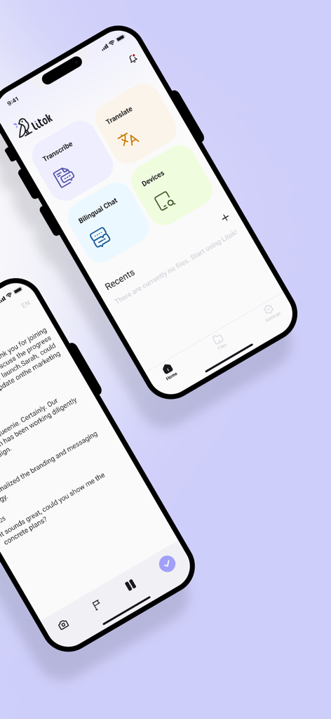 Litok: Record with AI summary - Two smartphones showing the Litok app home screen with transcription and translation options and a meeting transcript view