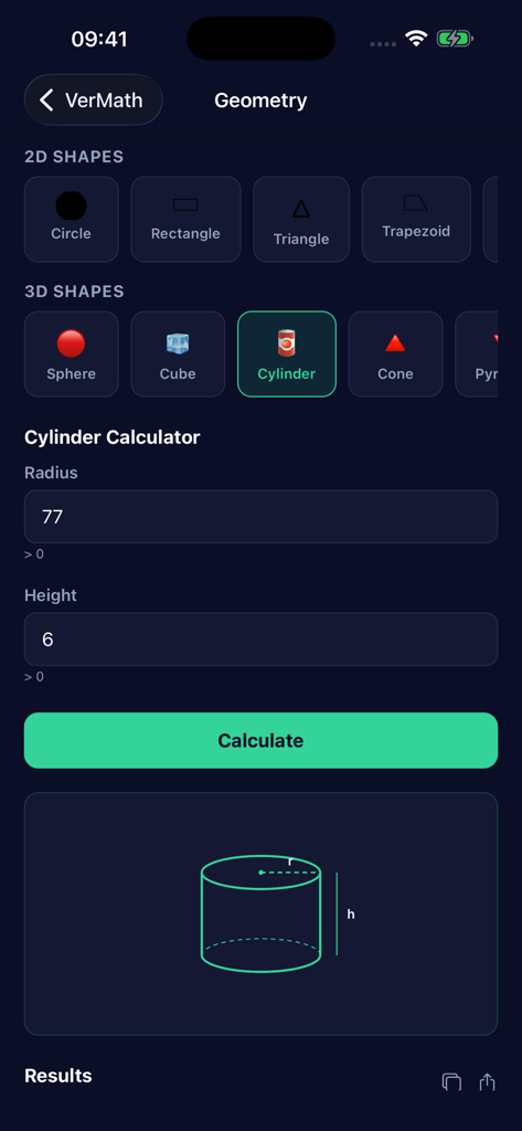 Geometry calculator interface in VerMath app showing 3D cylinder inputs and diagram