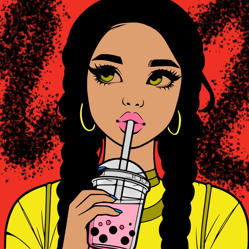 realistic girl with braided hair drinking boba