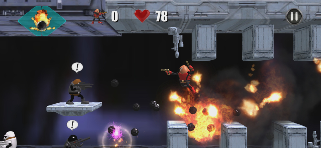 Killer Bean firing dual pistols while jumping over an explosion in a 2D platformer level
