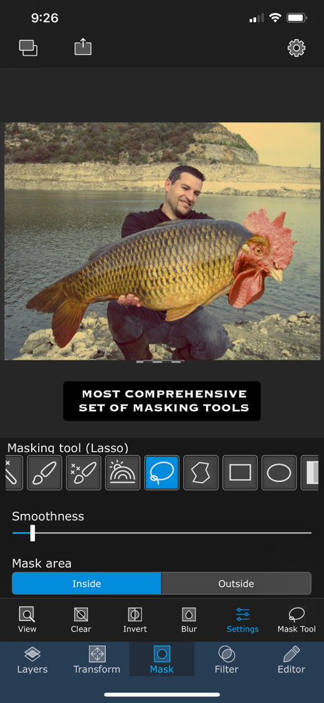 Superimpose app interface showing professional masking tools and a surreal photo composite of a fish with a rooster head.