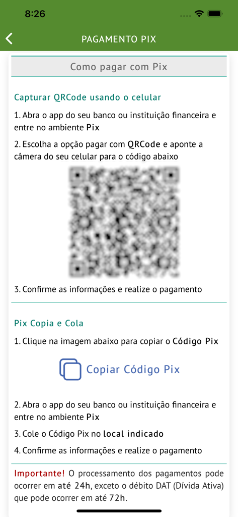 IPVA RS app screen showing instructions for PIX payments with a QR code and copy button.