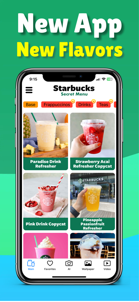 Home screen of the Starbucks Secret Menu app featuring colorful drink recipes and categories.