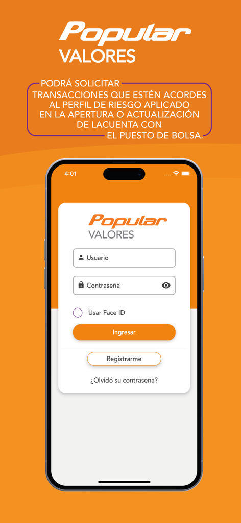 Popular Valores 모바일 브로커리지 앱 로그인 화면.