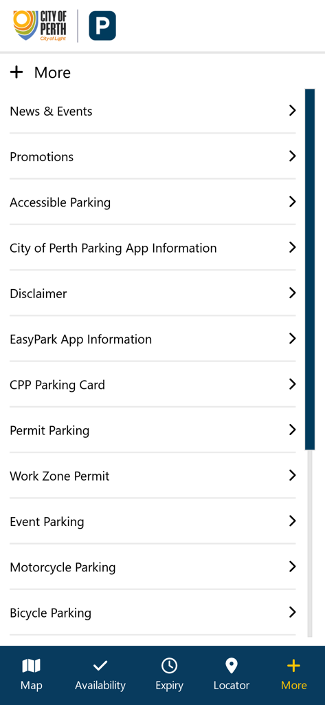 The More menu of the City of Perth Parking app showing options for promotions, parking permits, and accessibility
