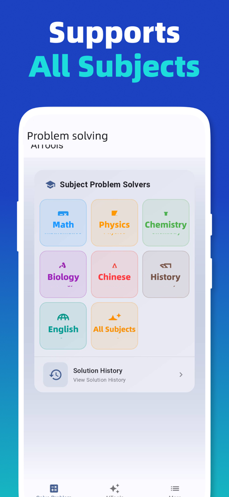 AI homework solver -photo math - AI homework solver app interface showing available subjects including Math Physics and Chemistry