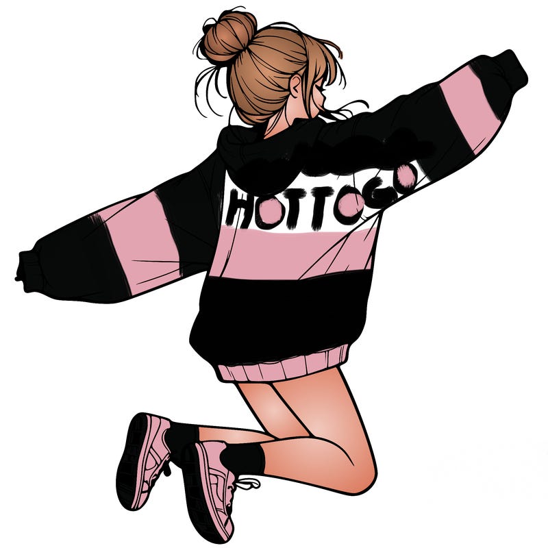 realistic girl jumping with a bun and oversized sweatshirt