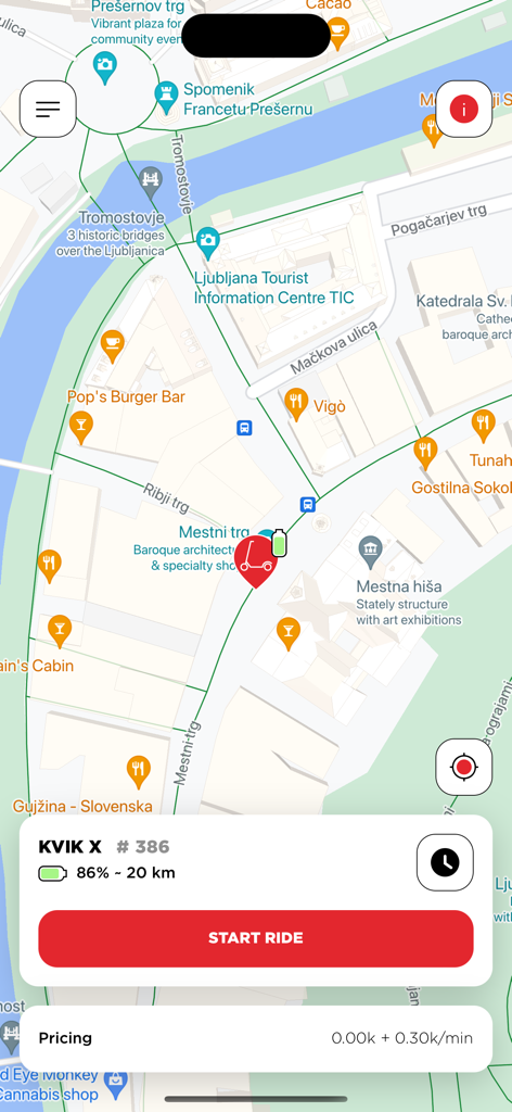 KVIK Sharing - Interface of the KVIK Sharing app showing a city map with an available e-scooter and a start ride button
