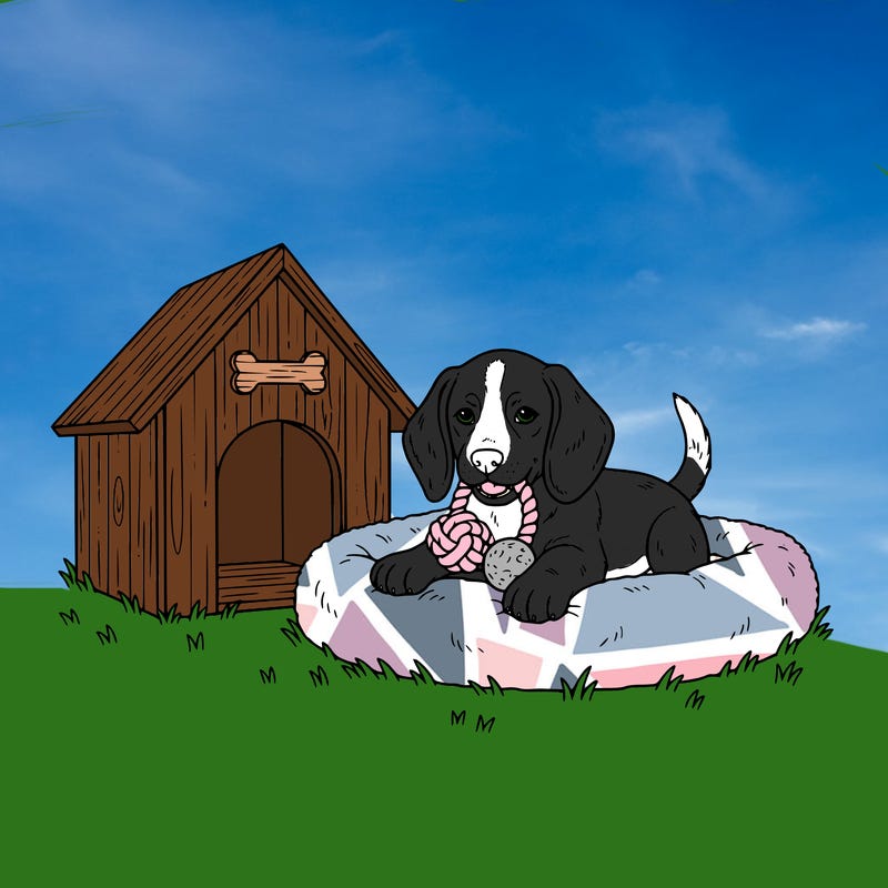 border beagle puppy outside next to a dog house on a bed with a toy in his mouth