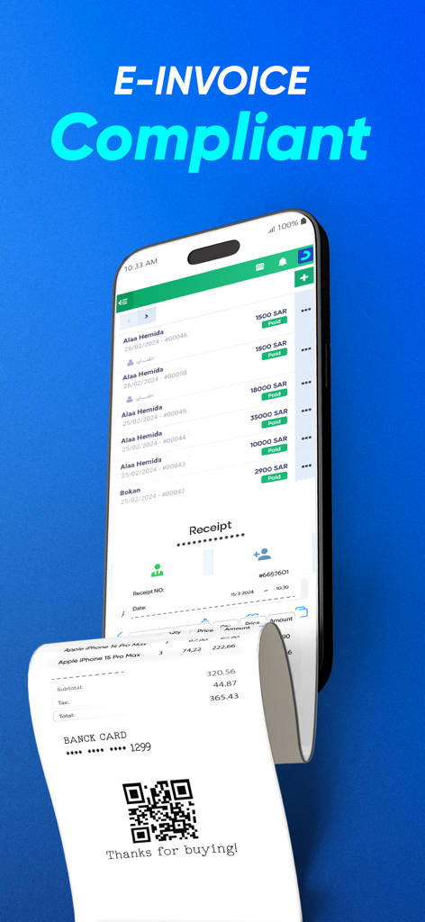 دفترة - برنامج المحاسبة - Smartphone displaying the Daftra app with a list of electronic invoices and a digital receipt