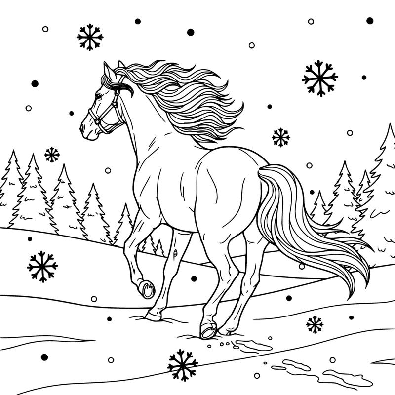 a  quarter horse trotting 
 long mane flowing neatly at his side his tail is just as long he has a halter on and it’s snowing