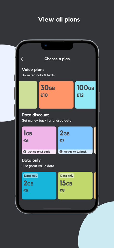 SMARTY - Interfaz de la app SMARTY que muestra varios planes móviles de voz y datos