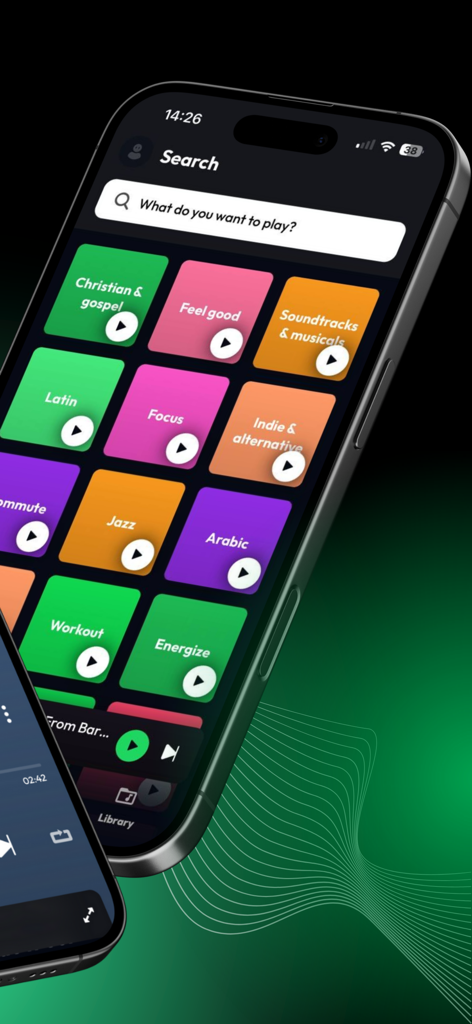 Lyra - Music, Radio, eSound - Interfaz de búsqueda de la aplicación de música Lyra mostrando una cuadrícula de coloridos mosaicos de géneros y una barra de búsqueda en modo oscuro