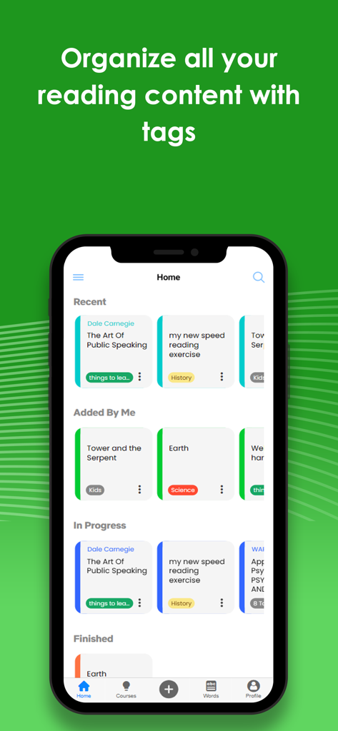 Spreeder - Speed Reading - Spreeder app home screen showing reading content organized with colored tags