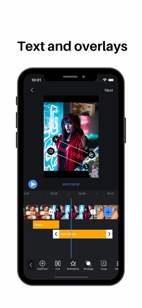 Video Editor - Video Maker，Cut - Captura de pantalla del iPhone de la aplicación Editor de Video que muestra superposiciones de texto e imagen sobre imagen en un proyecto de video