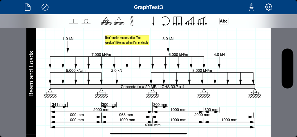 iBeams Pro - A structural beam sketch showing multiple point loads and distributed loads with dimensions for engineering analysis.