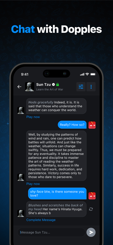 Un écran de téléphone mobile montrant une interface de chat avec un personnage IA Sun Tzu sur l'application Dopple AI