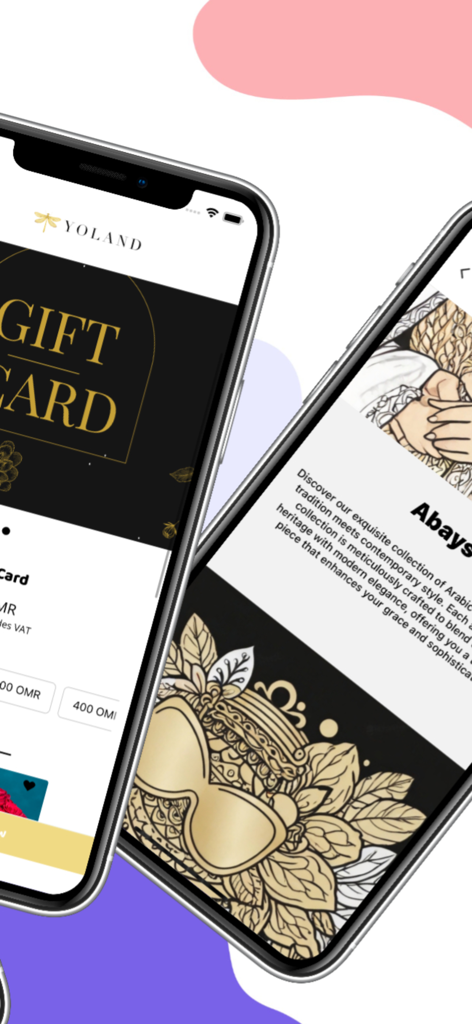 Two iPhones displaying the Yoland Fashion app interface featuring luxury gift cards and the Abayas collection.