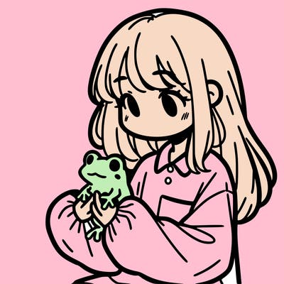 girl with long hair and a oversized shirt. and she is holding a frog