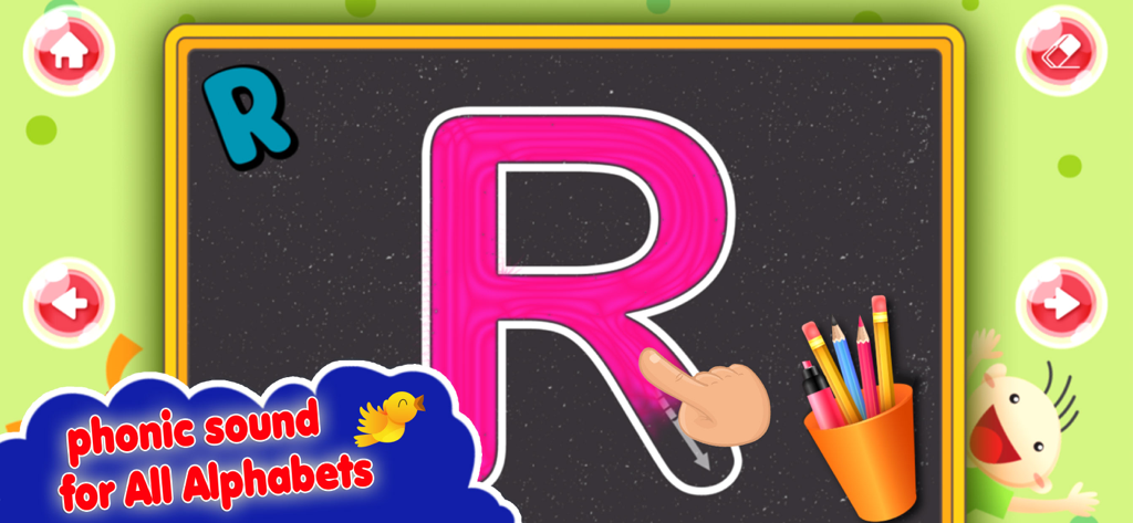 ABC 123 Tracing and Writing - Ein Kind zeichnet den Großbuchstaben R in leuchtendem Pink auf einer virtuellen Tafel innerhalb der ABC 123 Tracing and Writing App-Oberfläche.